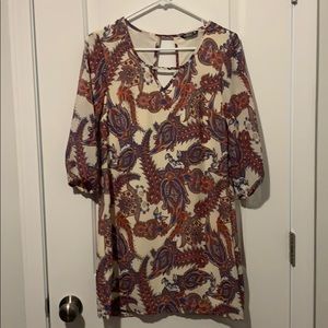 Blue, red, cream paisley print dress.